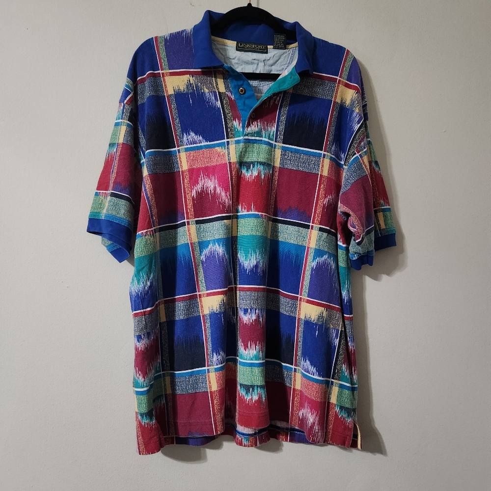 Linksport By Austads 90s Colorful Polo Shirt Vintage Plaid Mens XL cotton